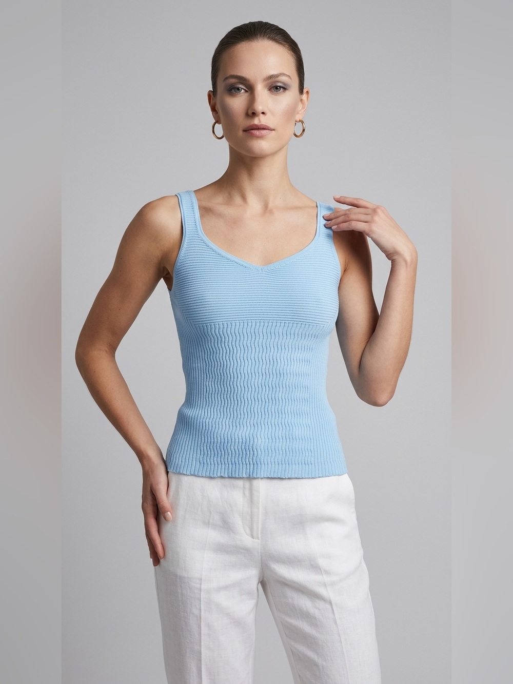 Benetton Sky Blue Ribbed Knit Tank Top S Fitted Cotton Y2K Minimalist